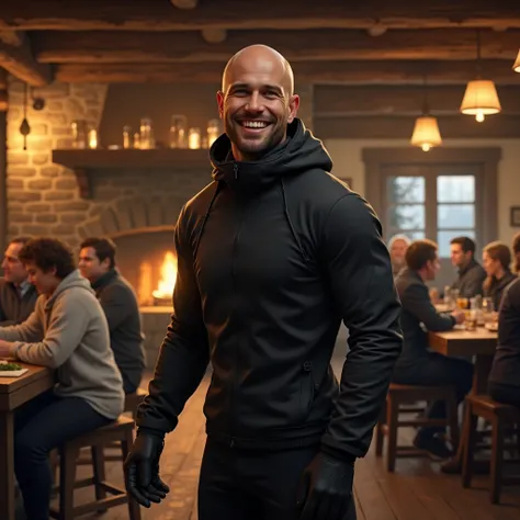 A young bald man skier dressing up all in black with a big smile in a tavern 