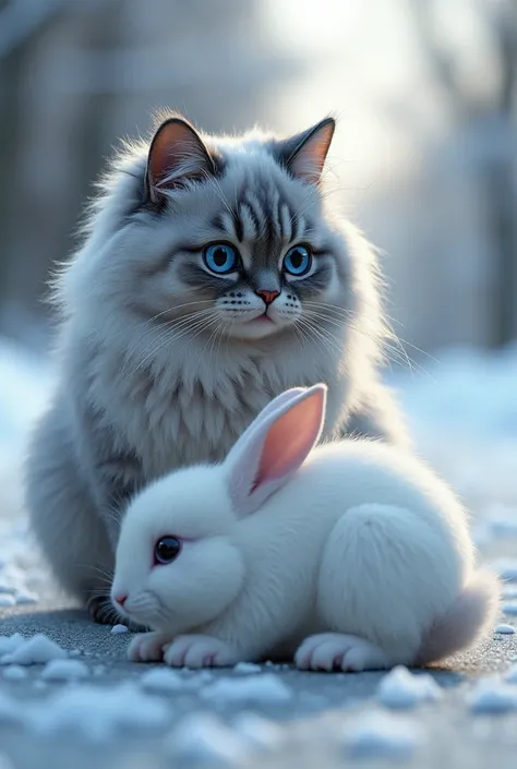 An cat (silver fluffy hairs blue eyes) Seeing an rabbit ( white fluffy hair big eyes) rabbit is lying on frozen road and crying