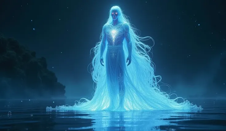 A translucent celestial glorious male being made out of Light-bluish glass, with glowing fire-eyes and long hair, standing on water at night, clothed in glowing robes, 3D realistic, highly detailed features 