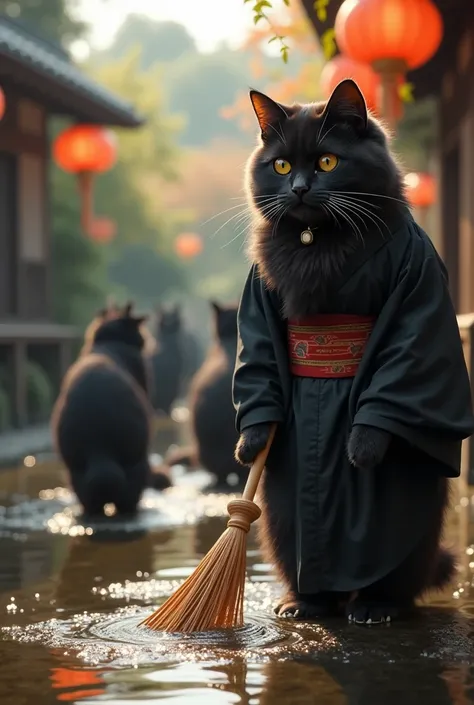  Vivid colors high resolution , masterpiece,  best quality ,  Photorealistic 8K Quality  、 is present、、 cinematic performance ,night、(((Seven dark-haired cats with bad faces are wearing black kimonos and cleaning at an old-fashioned riverside in Kyoto))、、W...