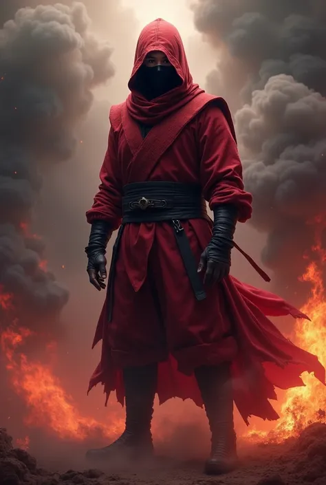 Ninja in red dark colors. Put some fire and smoke. Write NINJA