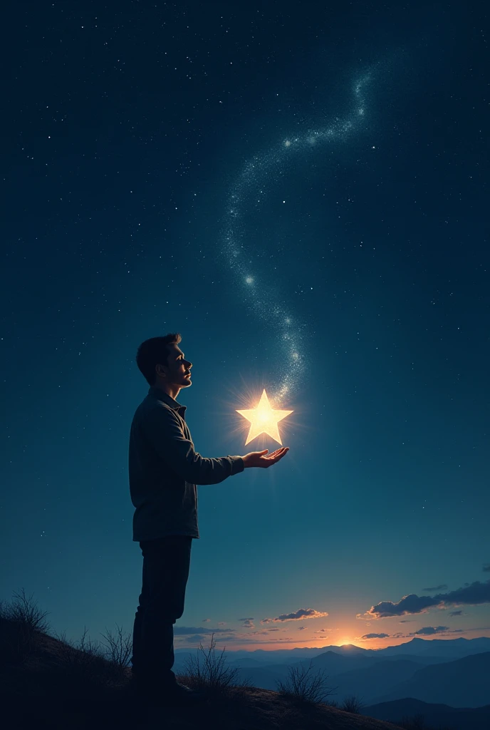 A man standing under a starry sky and holding a star in his hand 