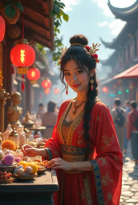 fantasy merchant, asian woman, brunette, selling fantasy items, in beautiful fantasy clothes, in asian fantasy village square, ultra realistic