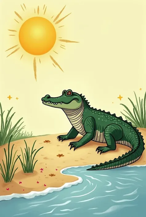 

1. ** Cayman on the shore **:  Draw a large alligator resting on the sand ,  with its textured skin and simple details .

2. **bright sun**:  It represents the bright sun in the sky ,  using yellow and orange colors that illuminate the alligator .

3. **...