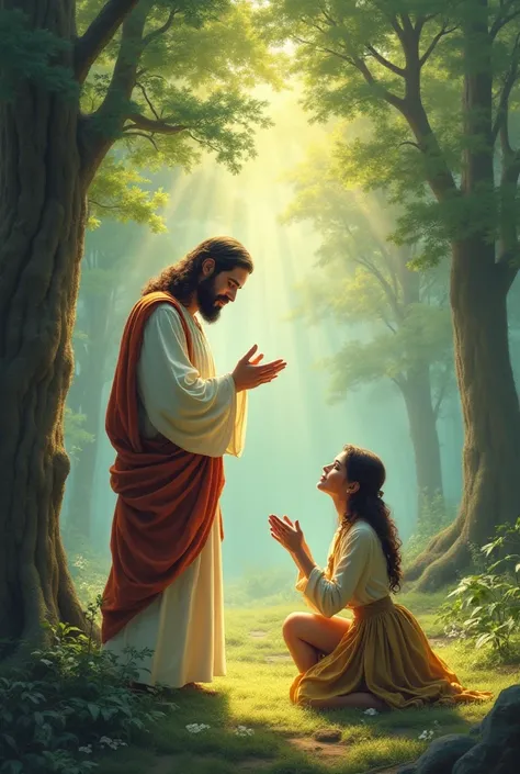  Create a picture of Jesus in the middle of the forest,  and a woman kneeling at your feet , Scenario in
 pastel colors  