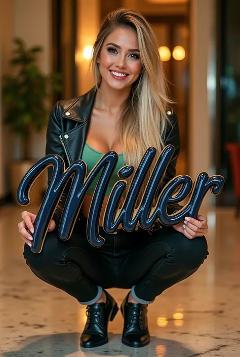 real image of Beautiful Filipina woman wearing leather black jacket and inside the Jacket wearing a green croptop with ❤ jeans black  smiling, and the woman  squatting with a giant design letter with name  ''MILLER adorned with PHILIPPINES FLAG in shiny co...