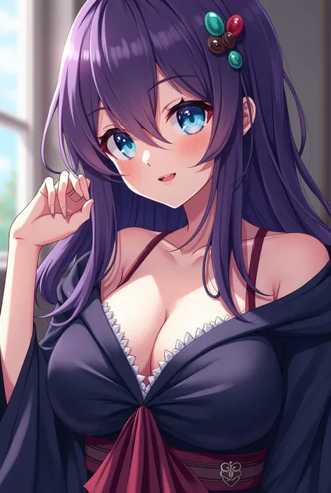  anime girl ,  female anime character  , anime character art  , detailed anime character art , witch robe,  detailed digital animation art,  detailed animation art, big breasted woman,Game CG, looks younger, purple hair,Sky blue eyes, close-up,