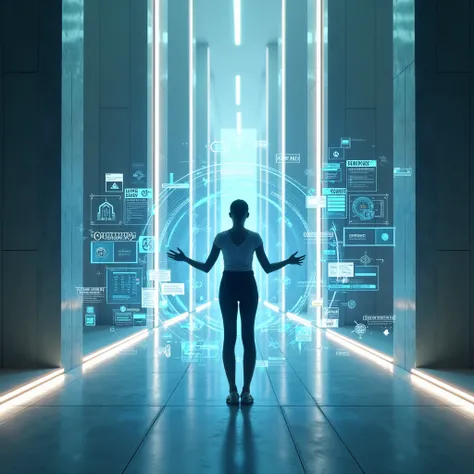 A person surrounded by various AI tools visualized as holograms, performing tasks efficiently, futuristic environment, neon lighting accents, ultra-detailed and modern design, 4K resolution