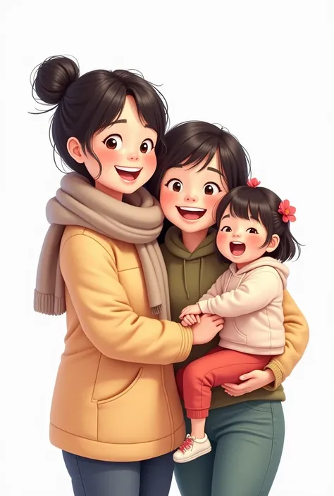  A cartoon of a woman with her hair tied up in black while smiling , a age girl with short black hair and a three-year-old girl also smiling, Like a family with a white background 