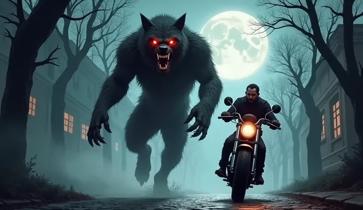 Create an image of a terrifying werewolf with red eyes and big teeth on a cobblestone street chasing a man on a motorbike on a full moon with creepy trees 