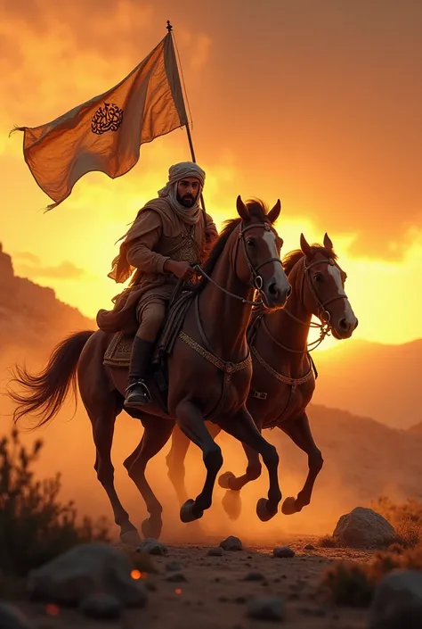 Muslim mujahideen on their horses in the Levant while they are speeding in a strange atmosphere at sunset carrying the flag of Islam 