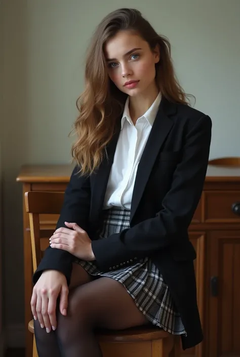 ((beautiful angelic 17yo british girl looks like Emma Watson)), long brunete hair, makeup,  is wearing a white shirt with a blazer, she is also (((wearing an extremely tiny tartan pleated miniskirt))), ((thin felt black lace ballet flat))), (((sitting on a...