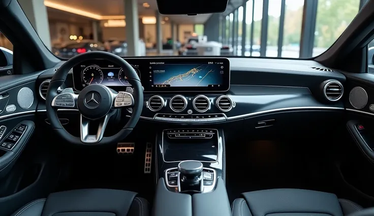 A full internal view seats dashboard handle full Hd shiny black 2025 Mercedes E-Class in Luxery showroom