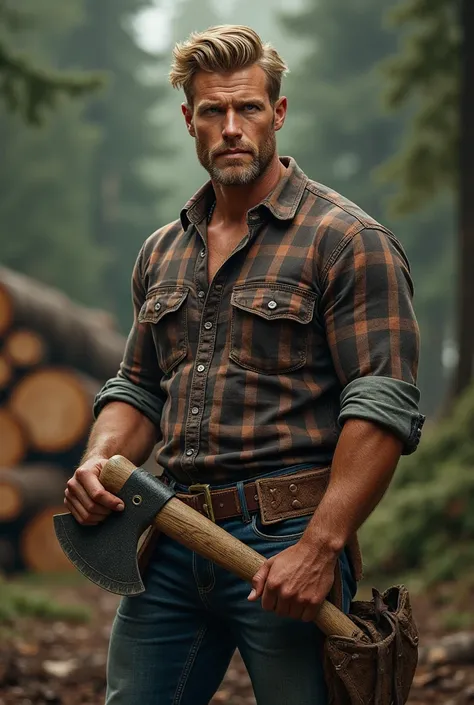 a masculine dinorphic man with good bones and jaw very handsome, blonde hair and bright blue eyes, holding an axe lumber jack