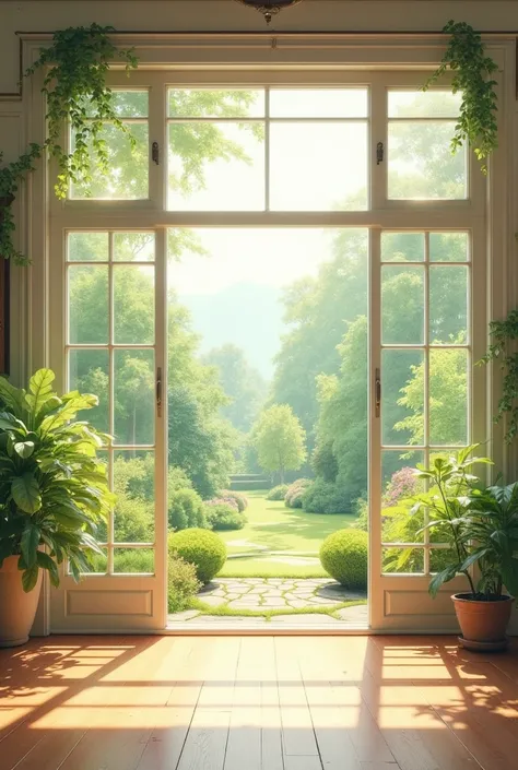 Background of a bright room with windows and gardens, beautiful outside in watercolor tones