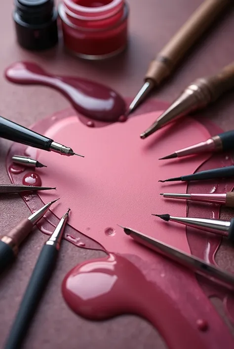 muddy background, , which depicts tools for permanent makeup and where paint is flowing from the jars, in the center is the ,  which is divided into 5 lines in width and 7 lines in length ,  The outline of the table is translucent ,  table and the color is...