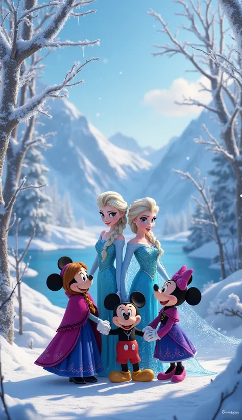 elsa, anna, mickey mouse, minnie mousse, in winter