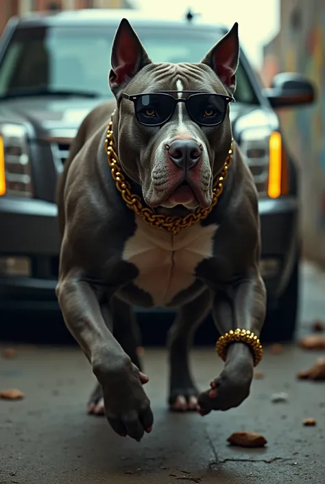 I want to create a pit bull in the gangster style down from Cadillac escalade in full attitude going to gym 