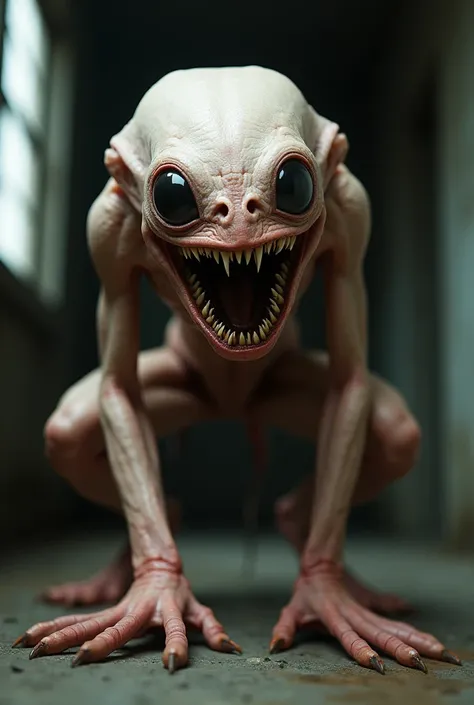 A photorealistic creature. The creature is hairless, with pale, reddish, textured skin that appears stretched taut over its thin frame. Its large, black, reflective eyes dominate its disproportionately large head. A wide, lipless mouth stretches across its...