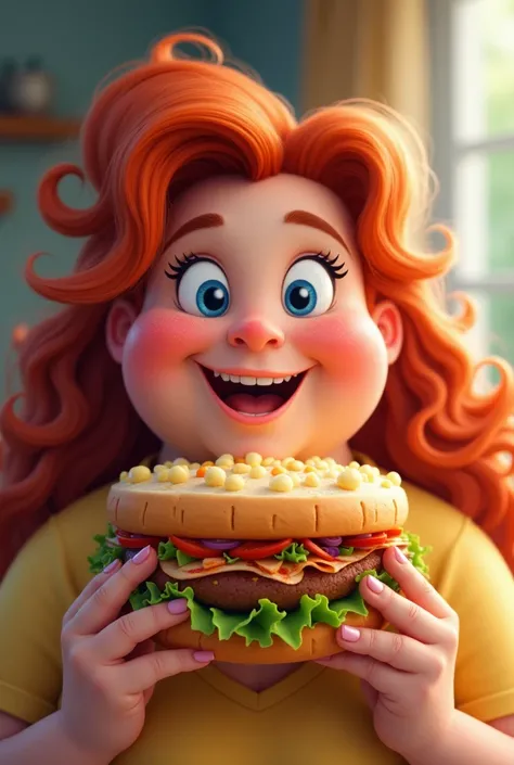 A chubby woman with tall red wavy hair happy blue eyes eating sandwich 