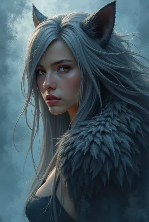 tmasterpiece， Best quality）， （（1 werewolf girl， own， Long gray hair））， ， Tianwuxie expression and hairy arms， hairy shoulderurry neck， aquarelle， blue_The subject， natta， thin fog， Dark， Focus Clear， bigger， ， orange color hair