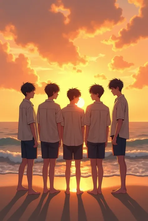 imagine a book cover of a 5 korean college guys in  school uniforms in a beach with sunset. Put a title " Sunsets of Our Youths" and make it animated. Make it sad and nostalgic