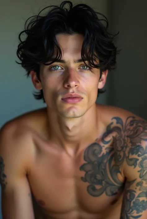  Young man  ,  21 years old , rowdy, black-colored hair , With locks curling up at the level of the eyes but short ,  blue eyes , chubby lips , very attractive and with a tattoo all over his right arm.