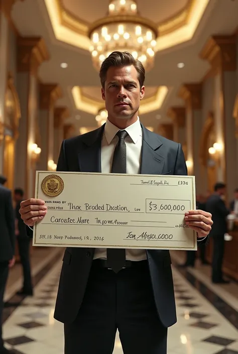 Make me a picture of Brad Pitt in the Bank with a Cheque of 3,500,000 Dollars