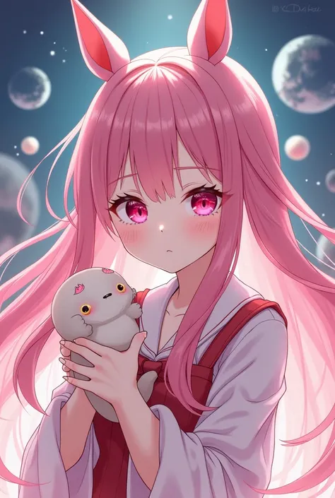 Create an anime-style image of a pink-haired girl with red eyes accompanied by a capycho