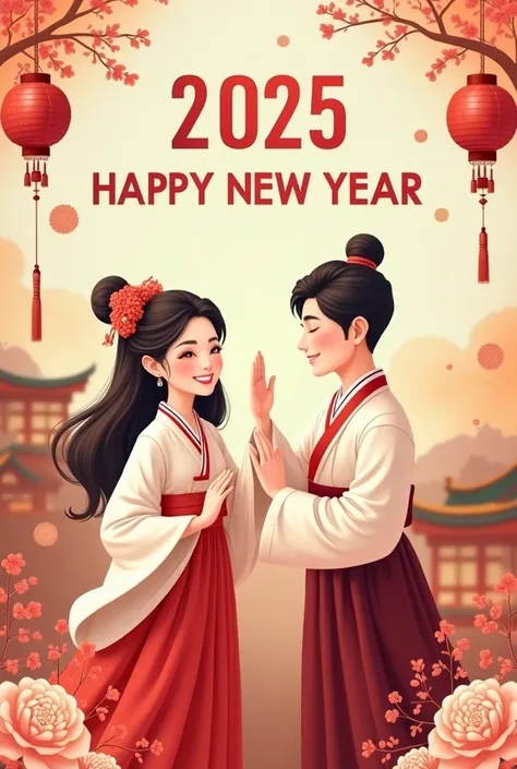 
A Korean Lunar New Year-themed greeting card with "2025 HAPPY NEW YEAR" text. Two beautifully designed characters, a stunningly beautiful woman and a handsome man, wearing traditional hanbok, smiling and greeting against a festive New Year backdrop. The b...