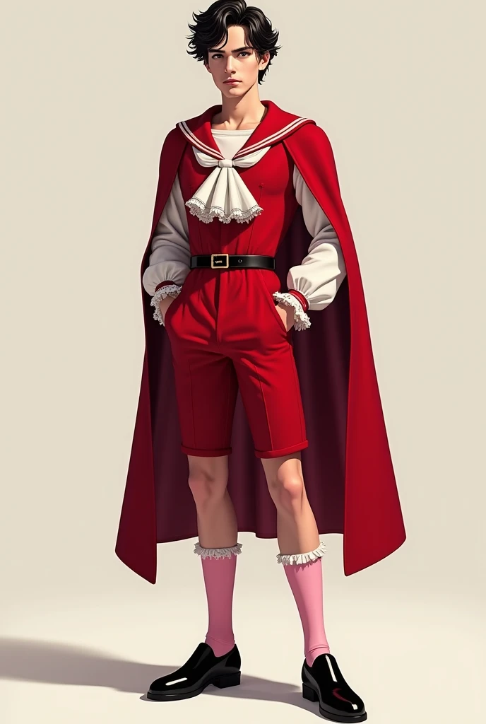 Handsome man 24 years old wavy dark hair in red sailor dress with traditional shoulder short cape and complemented by a frilly pair of pink lace, turn-up ankle socks and black, patent leather shoes, bib.