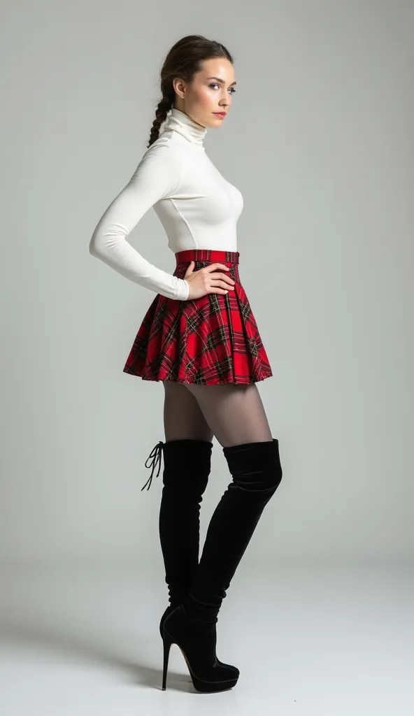 Young white brunette standing in a studio. she is wearing a light tight white turtleneck and a too short red plaid accordin miniskirt. she has are braids on the top of her head, black velvet over-the-knee boots with stiletto heels and high soles, and grey ...