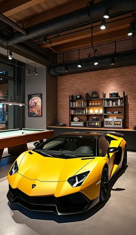 A games room with an industrial style ,  with exposed brick walls and exposed metal pipes .  at the city centre,  there is a matte yellow Lamborghini parked on a polished concrete floor .  The living room has a pool table with wood and metal details ,  a b...