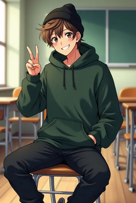 (Anime) A cute guy with messy brown hair and a black beanie, wearing a dark green hoodie with black baggy jeans with one of his hands in is hoodie's pocket his other hand doing the peace sign with a cocky grin. he wears nikes. background is a classroom wit...