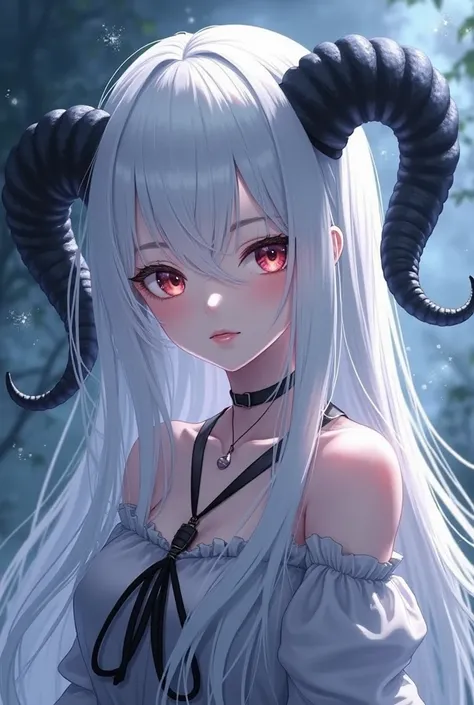 anime girl with white hair and black horns