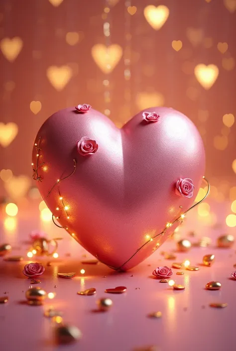 A vibrant pink metallic heart adorned with small pink roses and golden accents, surrounded by scattered golden hearts on the surface. The background features a cascade of glowing golden hearts, creating a warm and romantic ambiance. The design is luxurious...