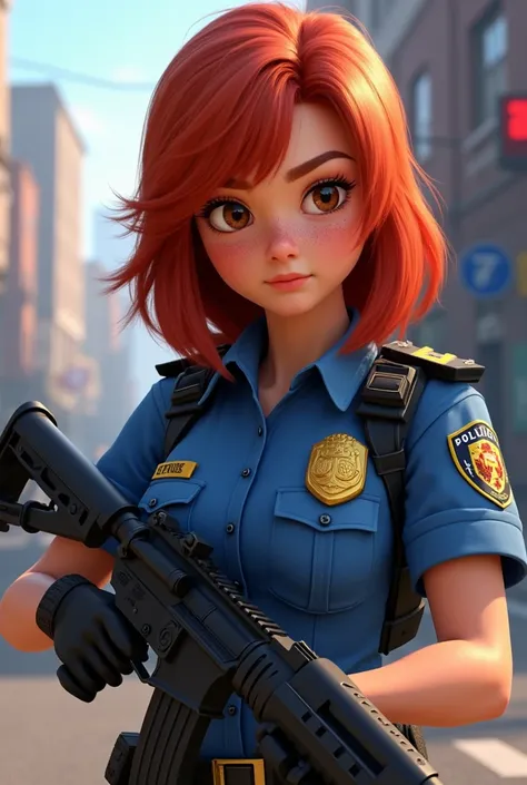 Animated image of a red-haired female character with freckles on her face and medium and straight hair, brown eyes, female police officer with rifle in her hand 