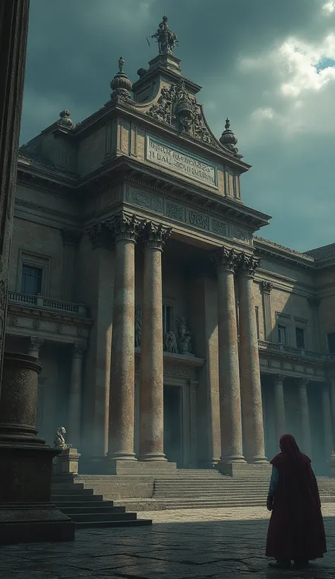 Image of an imposing Roman palace ,  with long shadows and a tense atmosphere