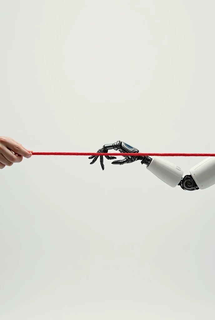 Red thread held on the right side by a human hand and on the left side by a robotic hand horizontally 