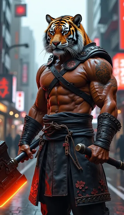 "Visualize a warrior embodying Japan's spirit, featuring the head of a noble tiger, its sharp gaze exuding focus and discipline. The muscular figure is wrapped in an intricate blend of leather, adorned with cherry blossom motifs and kanji symbols for 'hono...