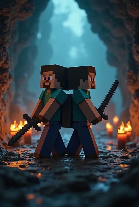 Create for me the character Steve from Minecraft and two other characters,  back to back , each one with his sword and shield , in a dark cave with several torches lighting around them, surrounded by zombies and Creepers in a dramatic situation 