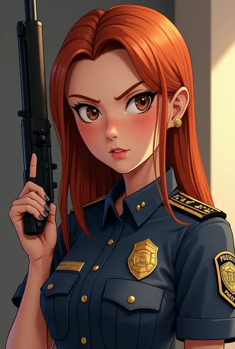 Picture a female character realistic animation redhead,  with freckles on his face , long straight hair brown eyes, Angry facial expression, Age 23 , female police officer with rifle in her hand  
