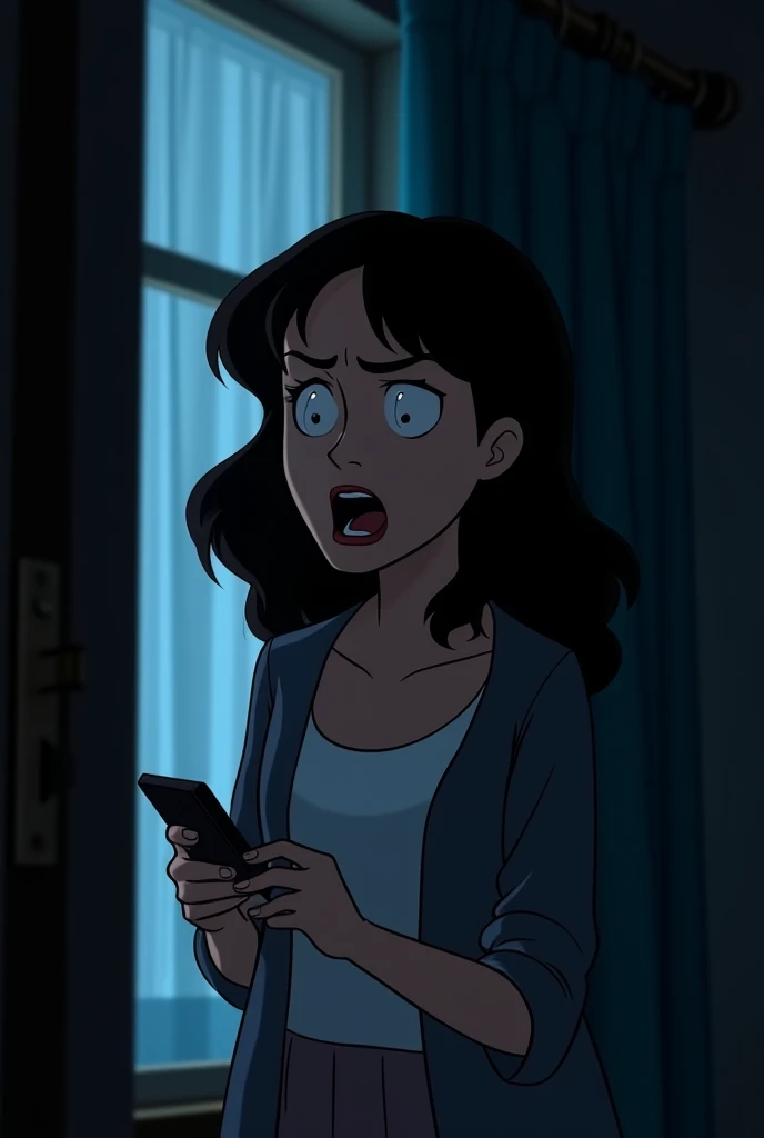 "A Disney-style animated scene in a comic-book format, with the camera angle focused on the young woman's face. She is standing in front of a window, holding her mobile phone in one hand. The window behind her is visible, with curtains gently hanging, addi...