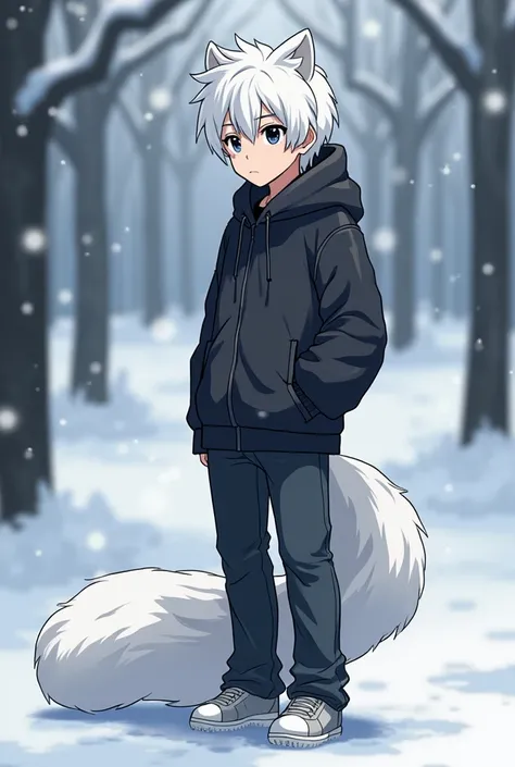 Create the image of a 17-year-old boy in full-body anime style,  He is an introvert , half human half snow ferret ,  he has a large white ferret tail and slightly larger than average white hair and black eyes.