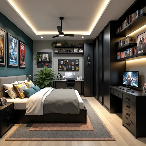 A spacious L-shaped bedroom, measuring 15.3m in length, 7.65m in width, and featuring a deeper section of 8.93m, designed with a nerdy and functional aesthetic. The walls are painted in a neutral matte gray, with one feature wall in a bold navy blue or dee...