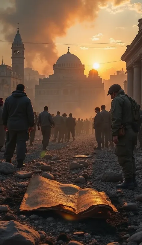  A devastated city at dawn ,  with remains of a Christian relic  (a burnt scroll )  scattered on the ground .  The Church of the Holy Sepulchre is partially damaged ,  as smoke rises to the sky .  Civilians and soldiers watch in horror ,  some praying ,  o...