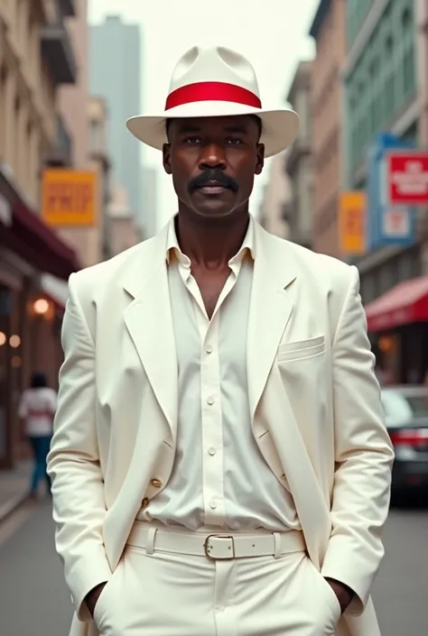 CREATE A BLACK MAN WITH A MUSTACHE, the white suit, white pants,  WHITE HAT WITH RED RIBBON, STANDING ON THE STREET.