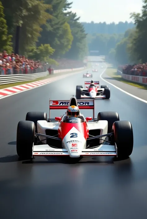 An ultra-realistic scene of Ayrton Senna's McLaren Formula 1 car dramatically overtaking the SF-2023 competition car in the final laps of the race. The McLaren is elegant, iconic in design with a crisp white and red paint job. The scene captures Senna's ca...