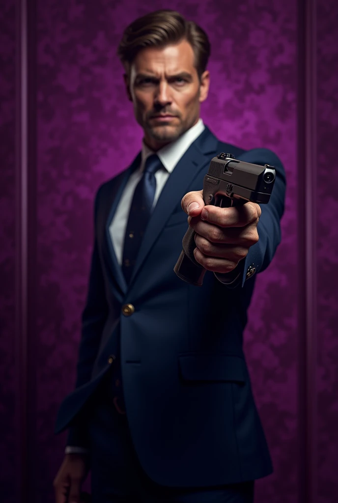 A man wearing a suit and tie on a purple background with a gun in his hand