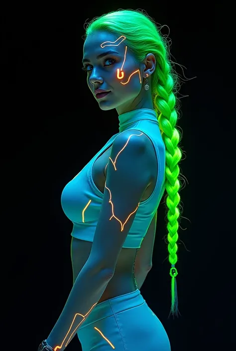 Futuristic full body image, standing cyberpunk image of a perfectly beautiful white woman with illuminated phosphorescent neon green braided hair and dressed in blue with futuristic accessories, gadgets, sky blue eyes, perfect skin, slender body, model pos...